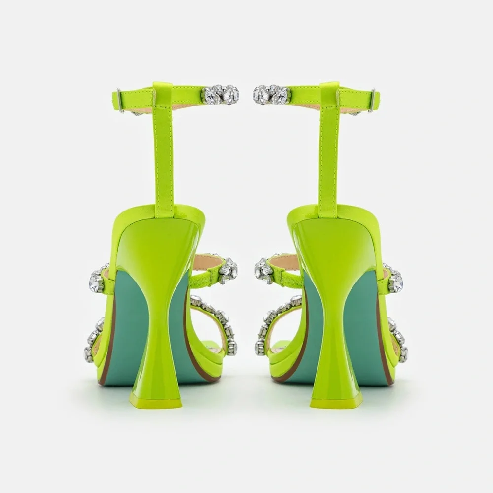 Betsey Johnson SB-Perry Citron Rhinestone Lime Green Buckle Strap Flare Heels - Picture 3 of 10